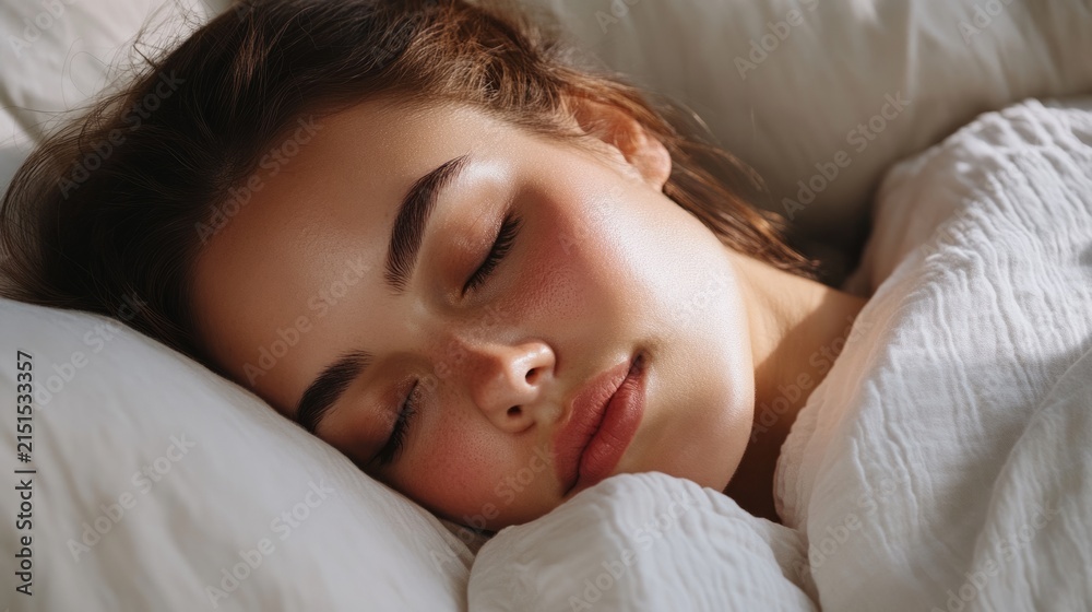 Obraz premium Woman sleeping peacefully with a healthy, radiant complexion, luxury bedding. generative ai