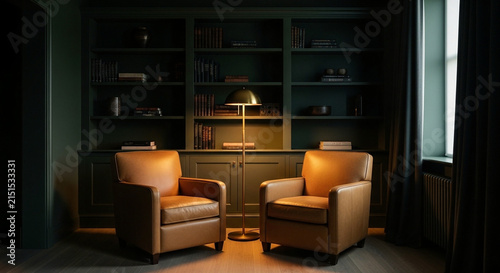Dark moody home library with green walls and leather chairs