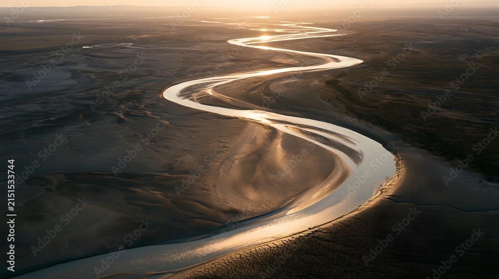 Fototapeta premium Wide aerial view of a winding desert river with cracked mud patterns at sunset