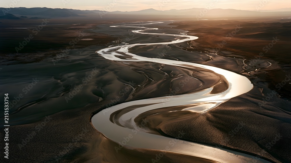 Fototapeta premium Wide aerial view of a winding desert river with cracked mud patterns at sunset