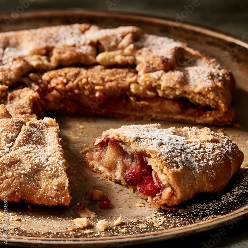 Rustic galette served on worn baking sheet with moody lighting