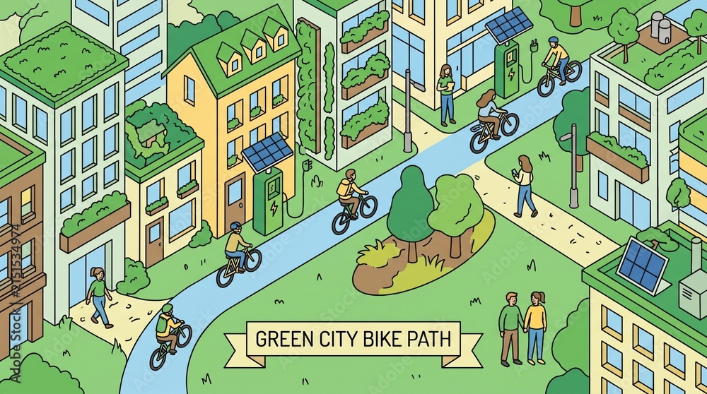 Fototapeta premium Isometric view of sustainable urban living with people cycling through a vibrant green city landscape featuring eco-friendly architecture