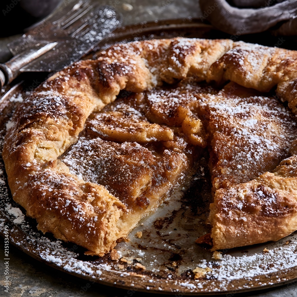 Fototapeta premium Rustic galette served on worn baking sheet with moody lighting