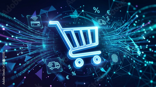 Glowing neon blue shopping cart icon on a digital background with binary code, payment icons, delivery trucks, and currency symbols representing e-commerce and retail technology.