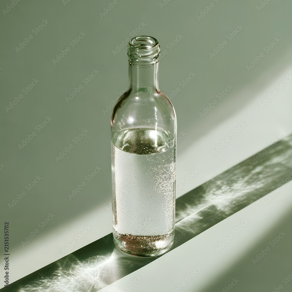 Fototapeta premium Minimalist Glass Water Bottle with Condensation on Sage Green