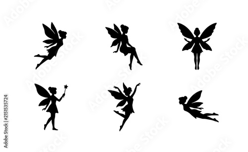 70 Six Silhouette Fairies, Magical Winged Sprites, Enchanted Fantasy Characters, Vector Icons for Children's Stories and Celebrations 100