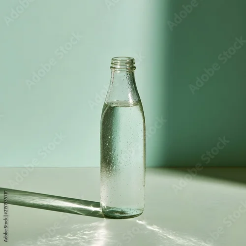 Fototapeta samoprzylepna Minimalist Glass Water Bottle with Condensation on Sage Green