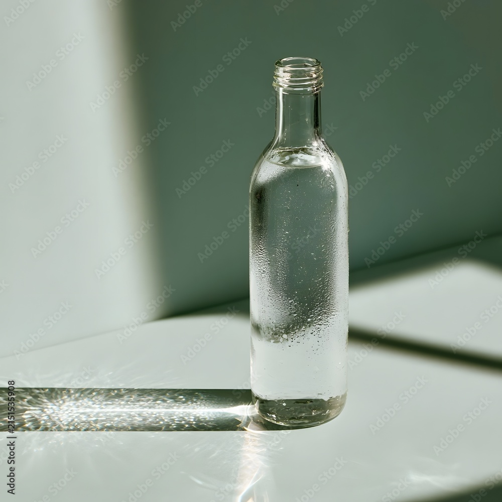 Fototapeta premium Minimalist Glass Water Bottle with Condensation on Sage Green