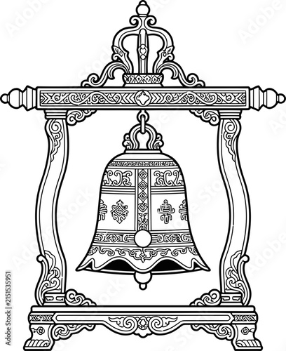 Vintage ornamental bell hanging in an ornate decorative wooden frame.