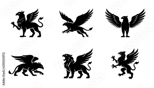 Quadro su tela 70 Mythical Griffin Icons, Heraldic Lion Eagle Creatures, Ancient Fantasy Symbol