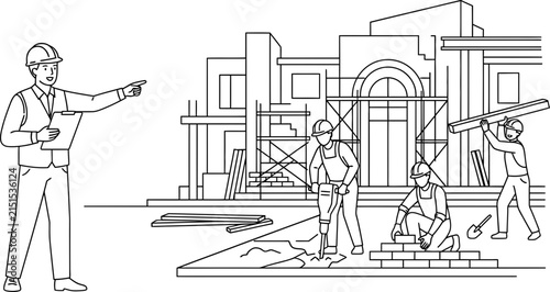 A construction manager directing workers at a building site sketch.