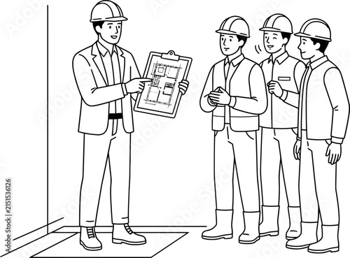 A construction manager explaining architectural plans to a team of workers.