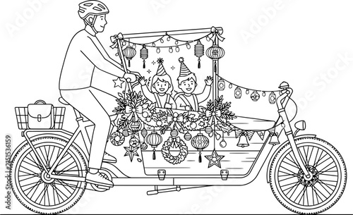 A festive cargo bike carrying two children with Christmas decorations.