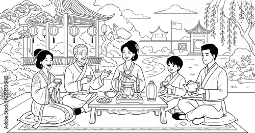 A happy Asian family enjoying tea time together in traditional clothing.