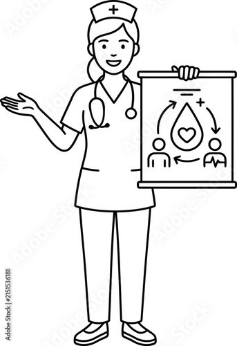 A line art illustration of a professional nurse presenting a blood donation chart.