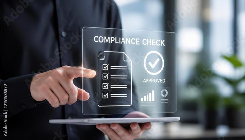 Business professional interacting with holographic compliance check interface to verify regulatory standards using modern digital tablet