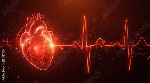 Glowing 3d digital human heart model with ecg line hud