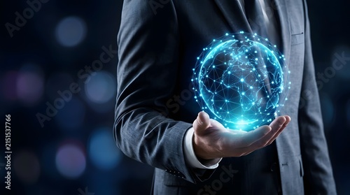 A professional businessman holding a glowing digital globe representing global networking technology and futuristic business connectivity in a dark office