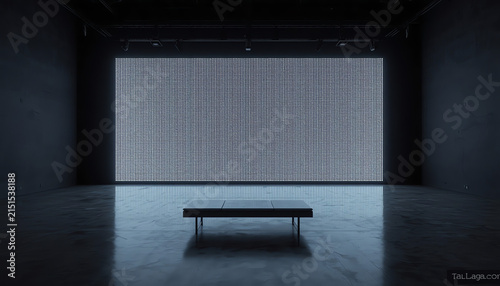 Modern exhibition room with blank projection screen and bench