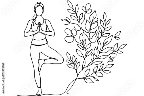 Continuous line drawing of a woman practicing yoga tree pose.