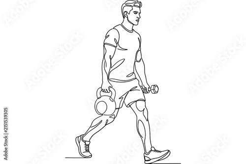 Continuous line drawing of a man performing a farmers walk exercise with weights.