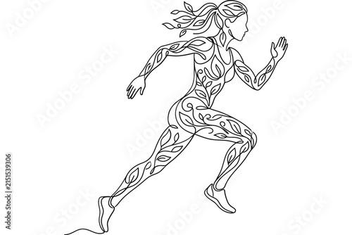 Continuous line art illustration of a woman running with floral patterns.