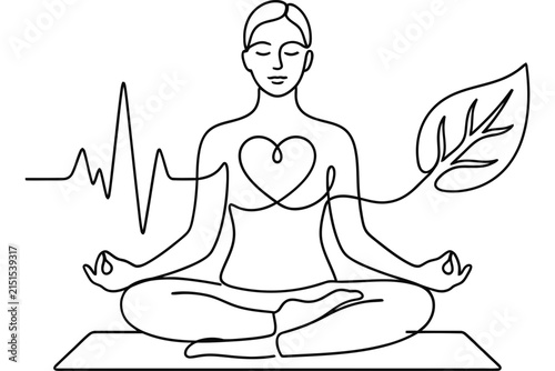 Minimalist line art illustration of a person meditating with heart and leaf symbols.