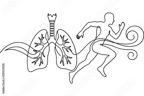 Continuous line drawing of human lungs and a running person representing respiratory health.