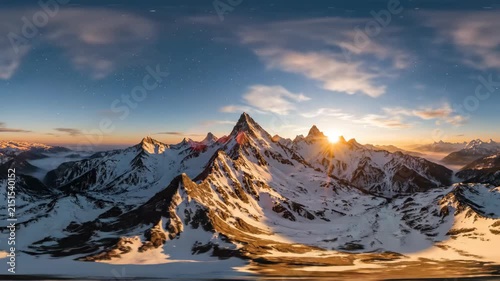 Panorama of snowy mountain peaks under a starry night sky