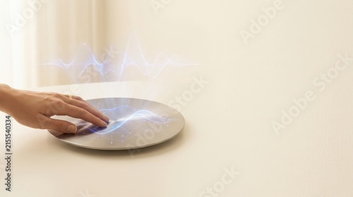 Person's hand touching a button with a light to illustrate market sentiment and interaction with resonance technology