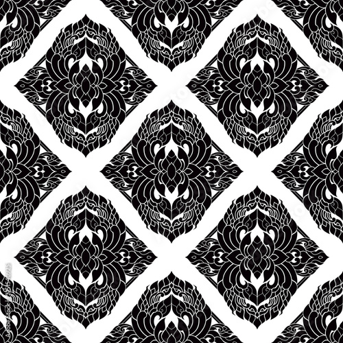 Seamless abstract black floral patterns in a damask style blend perfectly with traditional Thai motifs.