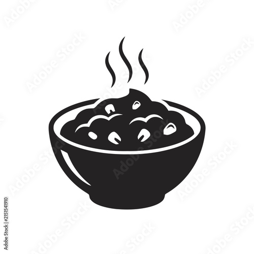 Black and white icon of steaming hot porridge in a bowl, simple flat design.