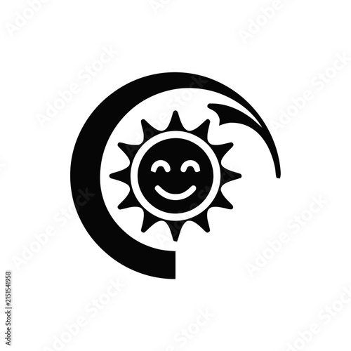 Happy Sun Icon with Crescent Moon Arc and Wave Accent