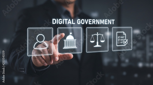 Businessman touching digital government icon on virtual screen with symbols for public services, citizenship, law, and administration