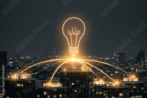 Idea bulb and digital network above a city skyline