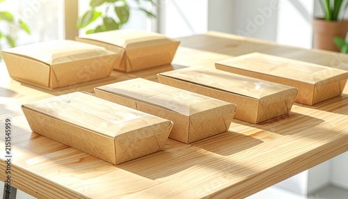 Eco friendly brown paper food containers on a wooden table.