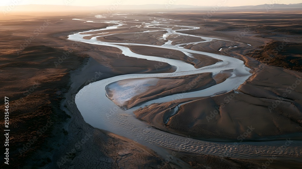 Fototapeta premium Winding Desert River at Sunset with Salt Flat