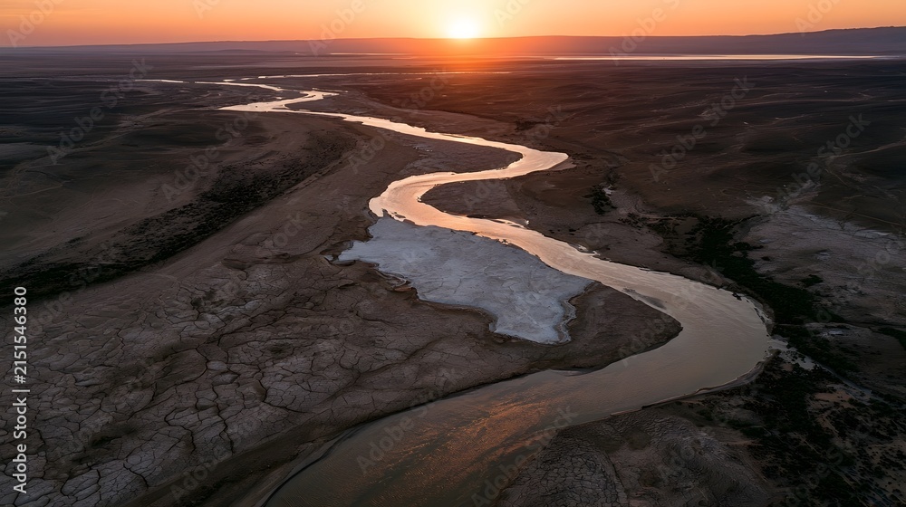 Fototapeta premium Winding Desert River at Sunset with Salt Flat