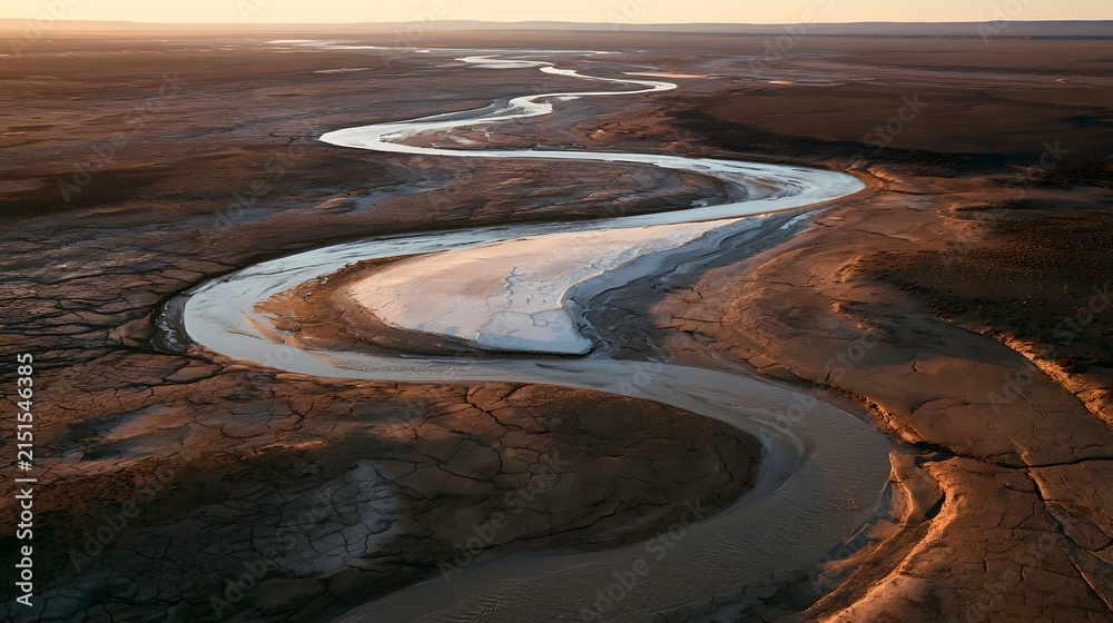 Fototapeta premium Winding Desert River at Sunset with Salt Flat