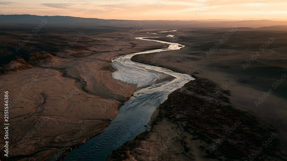 Fototapeta premium Winding Desert River at Sunset with Salt Flat