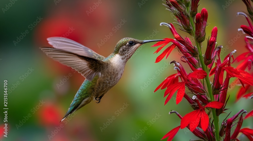 Naklejka premium Hummingbird with extended tongue feeding from vibrant red flower in morning garden, colorful tropical bird collecting nectar among bright blossoms, delicate feathers and wings in natural outdoor habit
