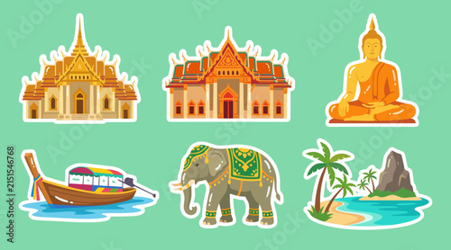 Fotografía Vibrant flat vector graphic sticker collection featuring traditional Thai archit