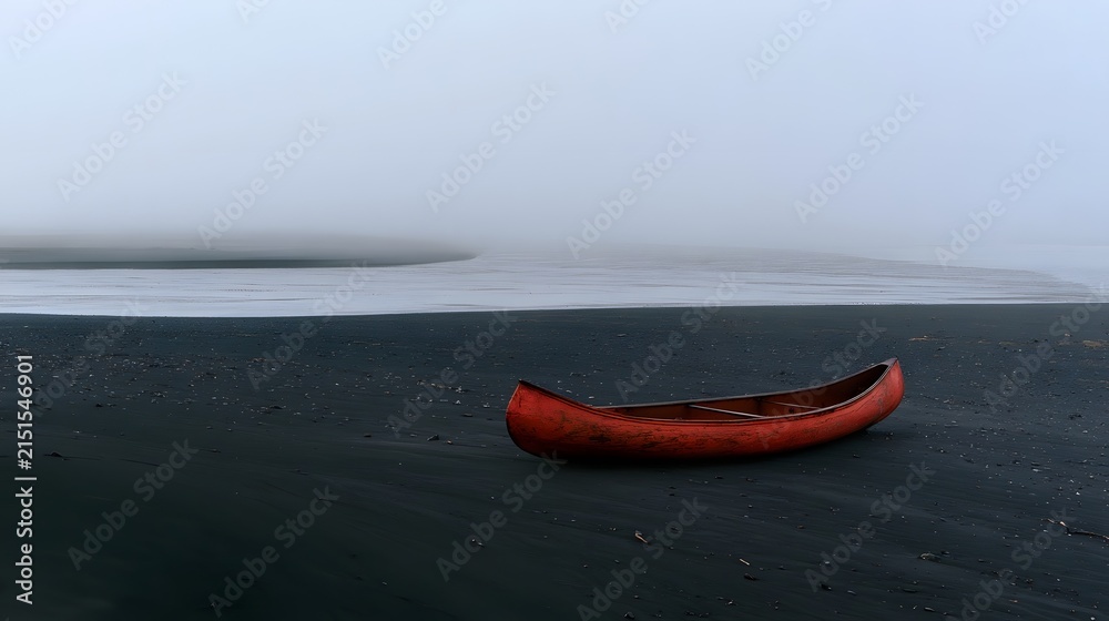 Fototapeta premium Lone Weathered Red Canoe on Black Volcanic Sand