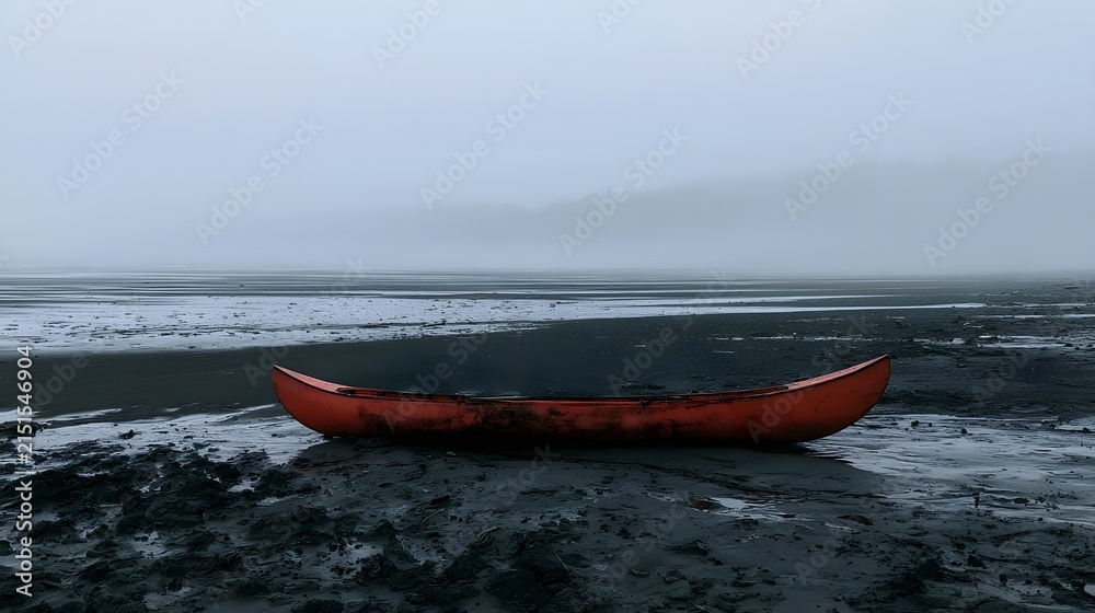 Fototapeta premium Lone Weathered Red Canoe on Black Volcanic Sand