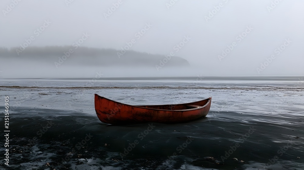 Fototapeta premium Lone Weathered Red Canoe on Black Volcanic Sand