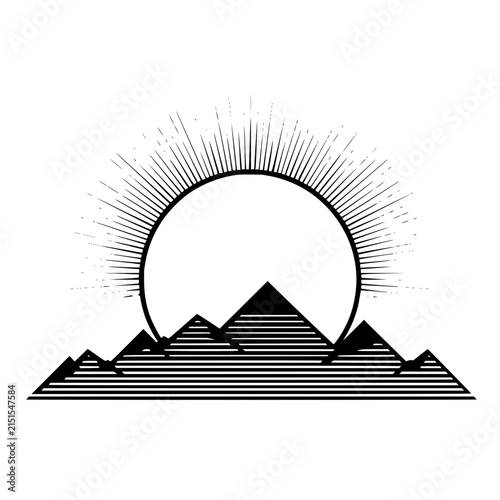 Stylized line art landscape featuring a rising sun over mountain peaks with textured shading