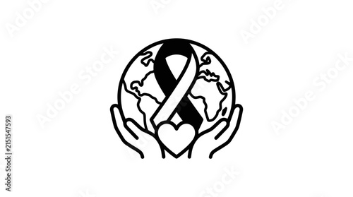Hands Holding Globe with Awareness Ribbon and Heart Icon