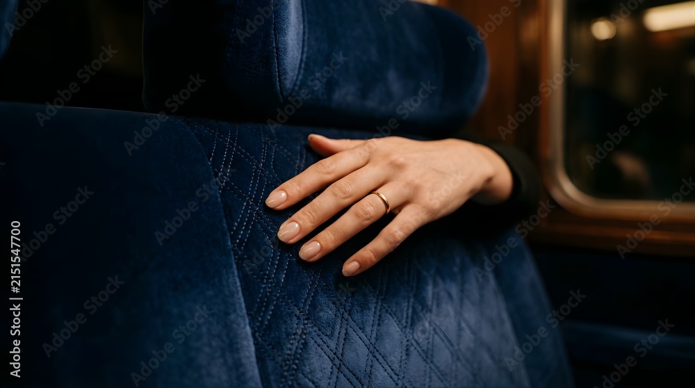 Obraz premium Woman hand resting on blue velvet train seat during night travel