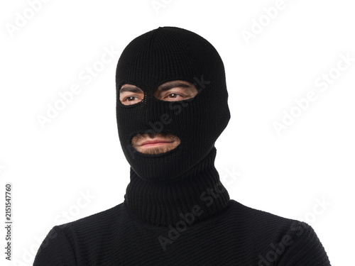 Photography Young man wearing balaclava on white background