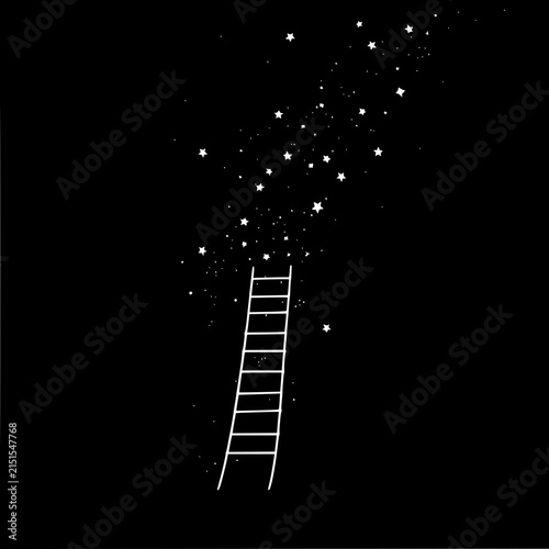 White line art illustration of a ladder reaching toward a starry night sky on black background